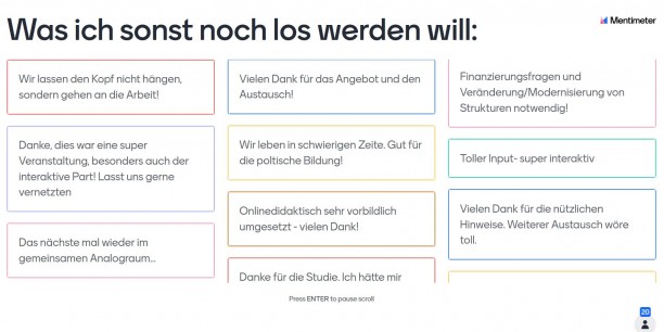 "Keine einfachen Zeiten - gut für politische Bildung!" war ein Fazit aus dem Online-Fachgespräch. Foto: © EAT/Screenshot Mentimeter.com