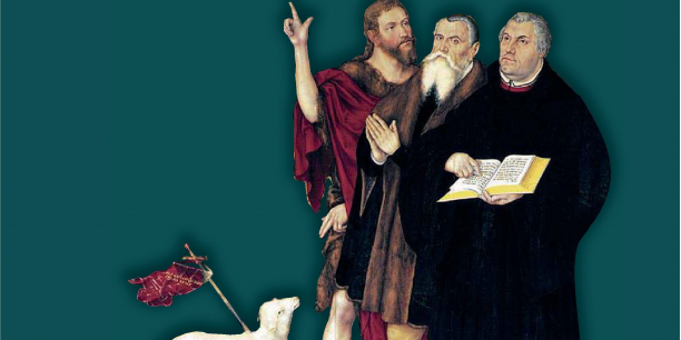 Das Cover des Buches zeigt einen Ausschnitt des Cranach-Altars in der Weimarer Stadtkirche St. Peter und Paul: Christus als Lamm Gottes, Johannes den Täufer, Lucas Cranach den Älteren sowie Martin Luther (v.links)