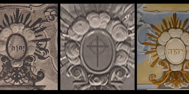 Der im 18. Jh. gestaltete Gottesname am Kanzelaltar der St. Marienkirche Bad Berka wurde 1934 durch ein Kreuz der Deutschen Christen ersetzt und 2018 rekonstruiert und zurückgebracht.