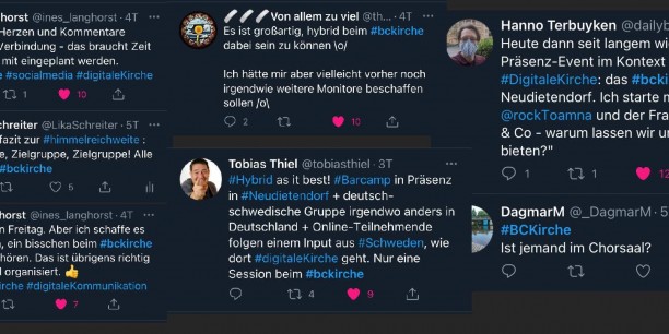 Unter dem Hashtag #bckirche wurden die Diskussionen des Barcamps auf Twitter in eine breitere Netzöffentlichkeit getragen. Foto: Screenshots Twitter-App